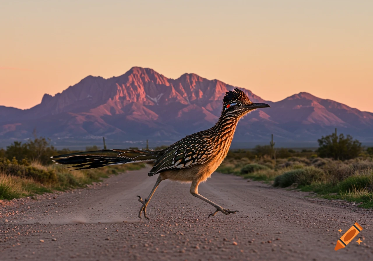 A roadrunner runs on a dirt road as dust kicks up, with purple mountains and an orange sunrise in the background.