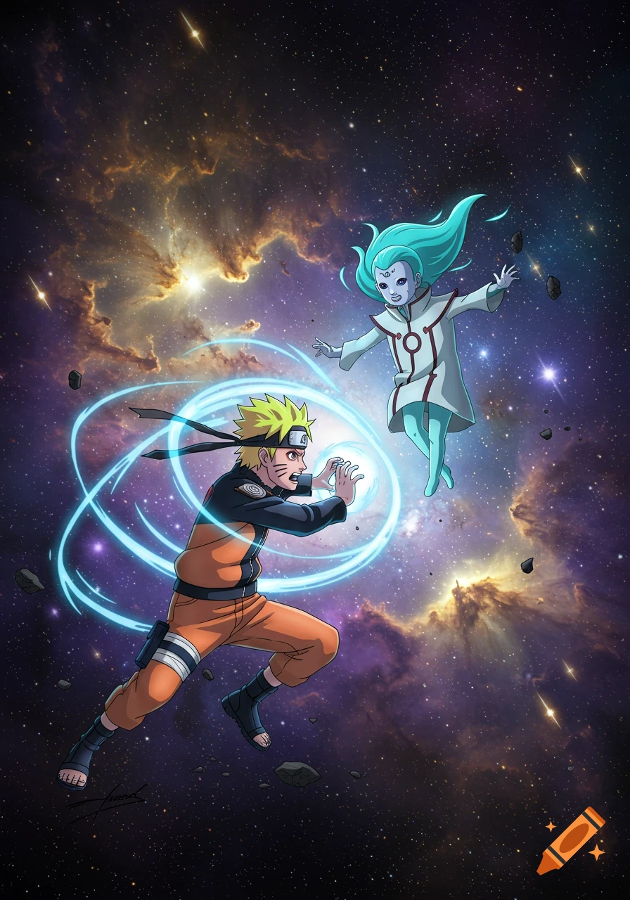 Anime illustration of Naruto preparing a glowing energy attack against a floating blue-haired character in a vibrant cosmic nebula.