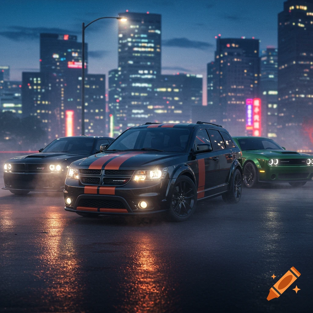 Three Dodge cars, a black Journey, a black Charger, and a green Challenger, on a wet city street at night.
