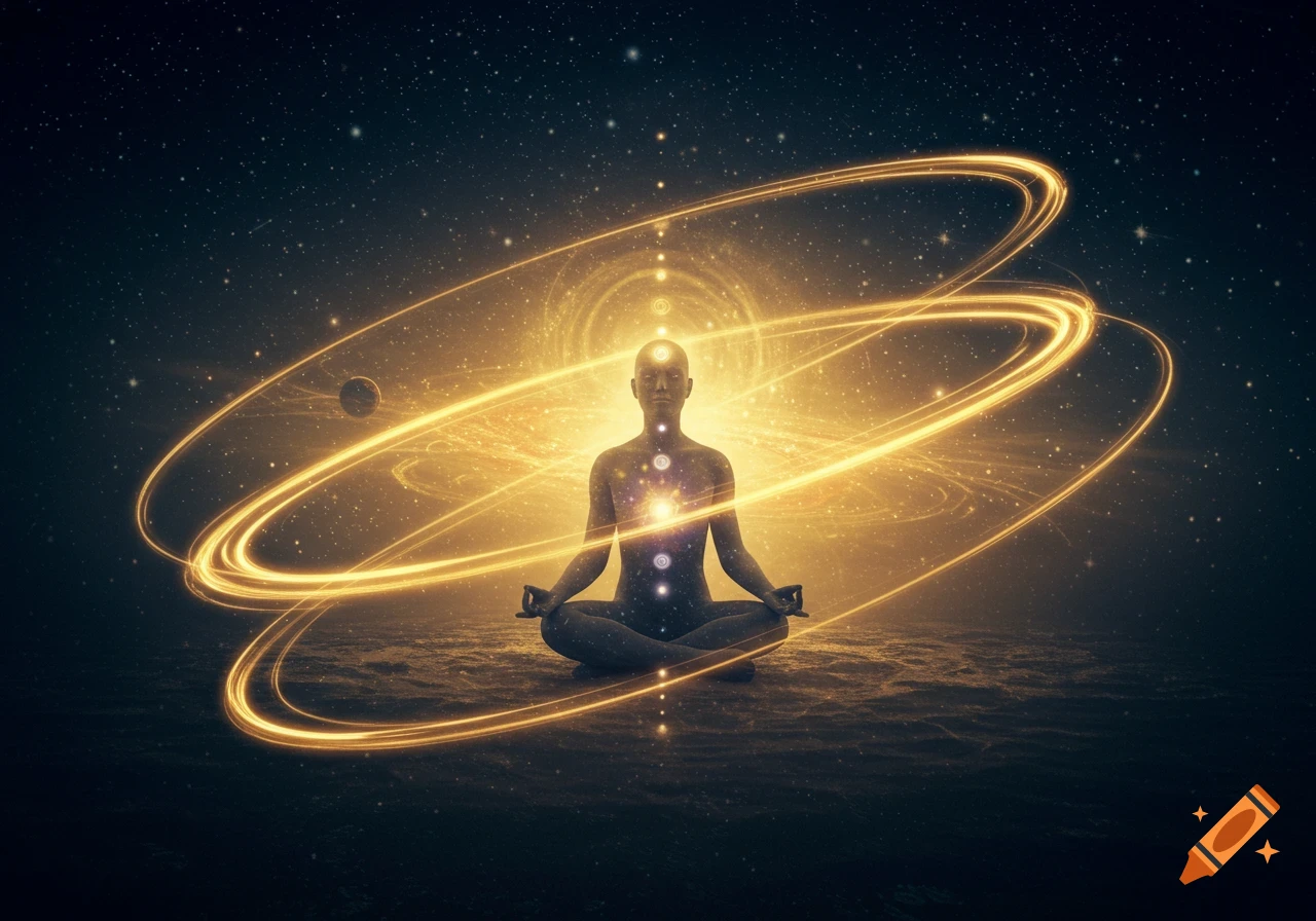 A silhouette of a meditating figure with glowing chakra points, surrounded by golden energy rings and stars in a cosmic setting.