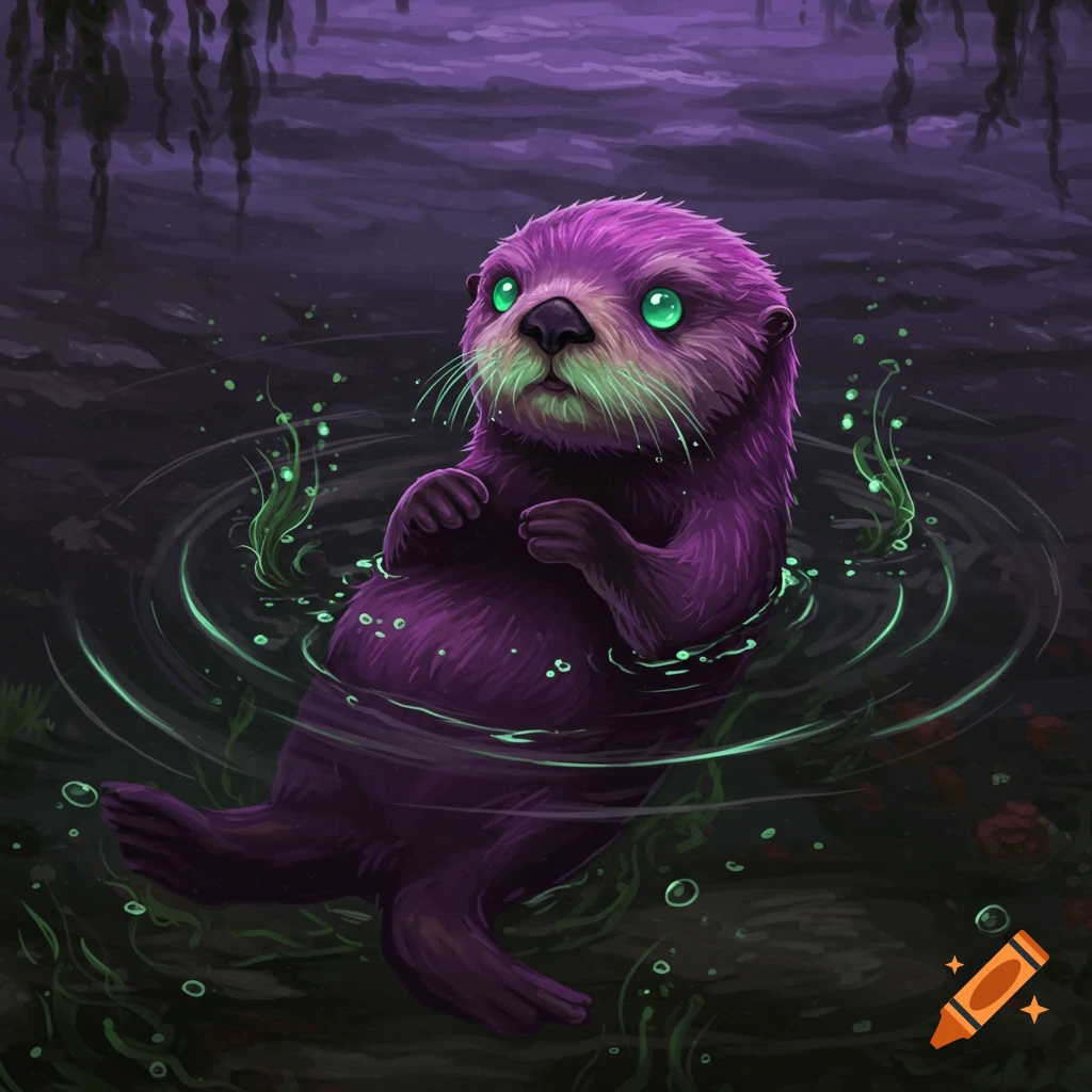 A cute purple otter with glowing green eyes swims in dark, murky water with green ripples and glowing plant life.