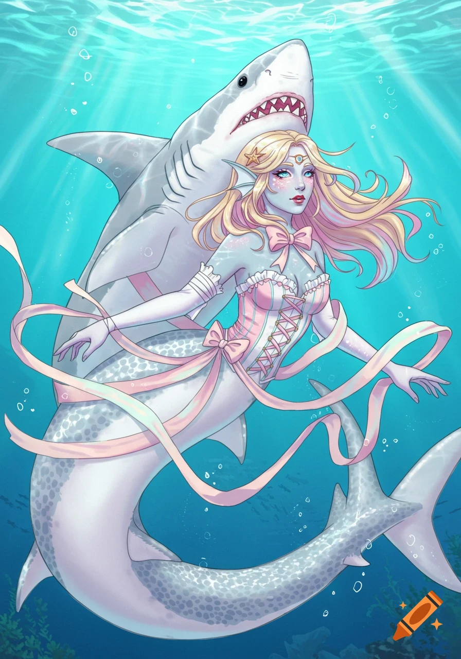 An anime-style artwork of a mermaid with a shark tail, blonde hair with pink highlights, and gilled ears. She wears a pink and white corset and long white gloves, with ribbons wrapped around her.