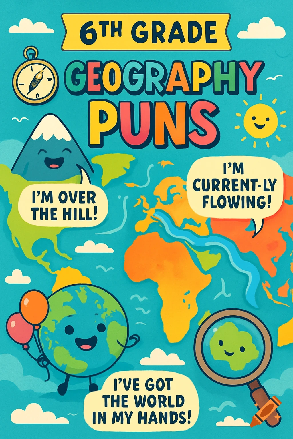 Colorful cartoon poster with world map and characters, featuring '6th Grade Geography Puns' and speech bubbles.