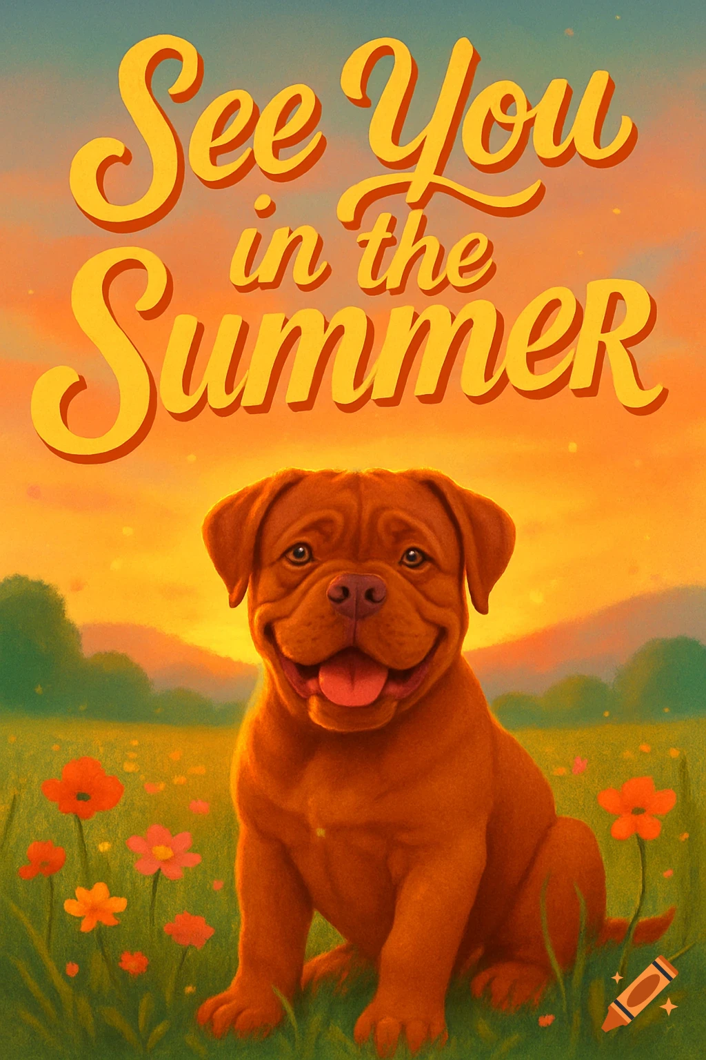 A happy Dogue de Bordeaux dog sits in a field of colorful flowers under a warm sunset sky with 'See You in the Summer' text.