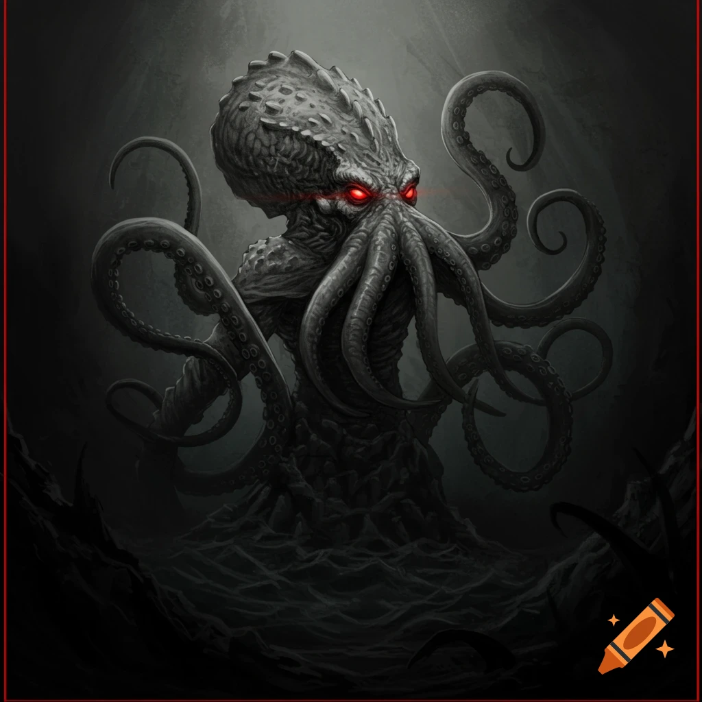 A dark, monstrous creature resembling an octopus or Cthulhu, with glowing red eyes, emerges from murky water.