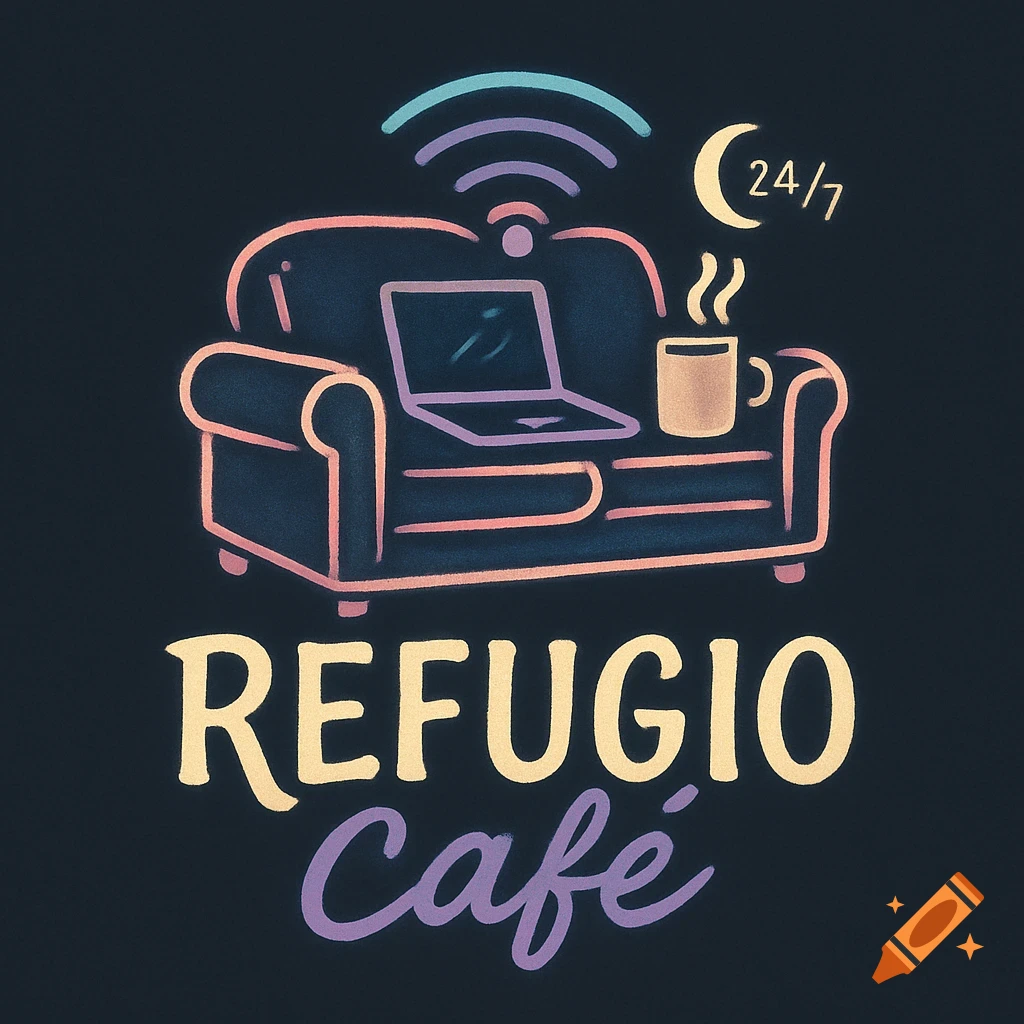 A colorful neon-style logo for "Refugio Café" featuring a couch, laptop, coffee mug, WiFi symbol, and a crescent moon with "24/7" text on a dark background.