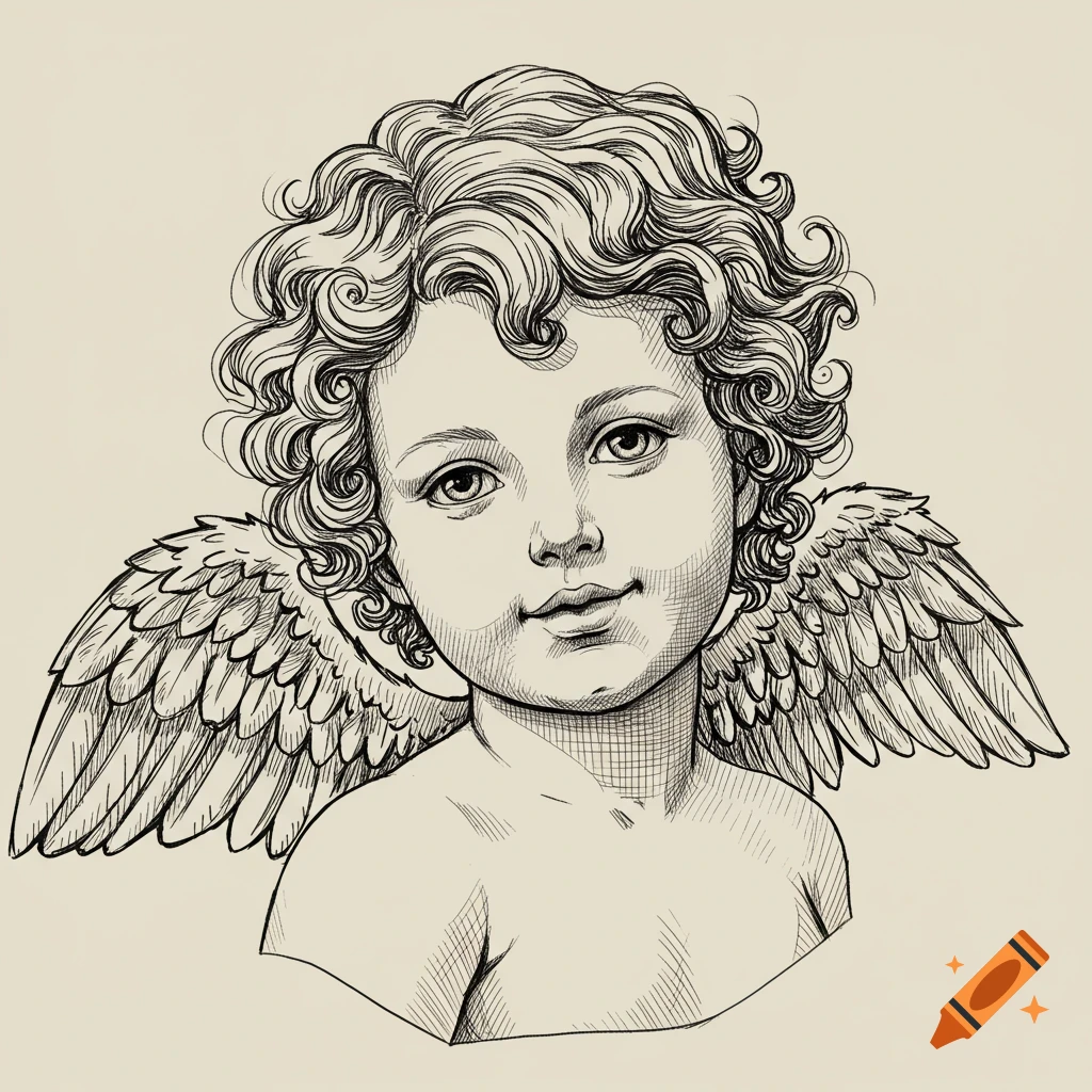 Black fine line drawing of a cherub with curly hair and wings in a Renaissance style.