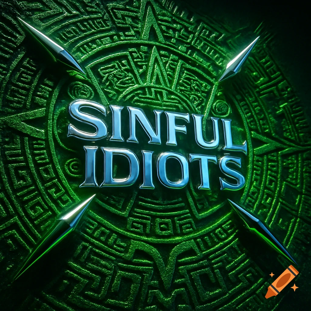 A green Aztec pattern with silver spikes and the text 'SINFUL IDIOTS' in metallic silver.