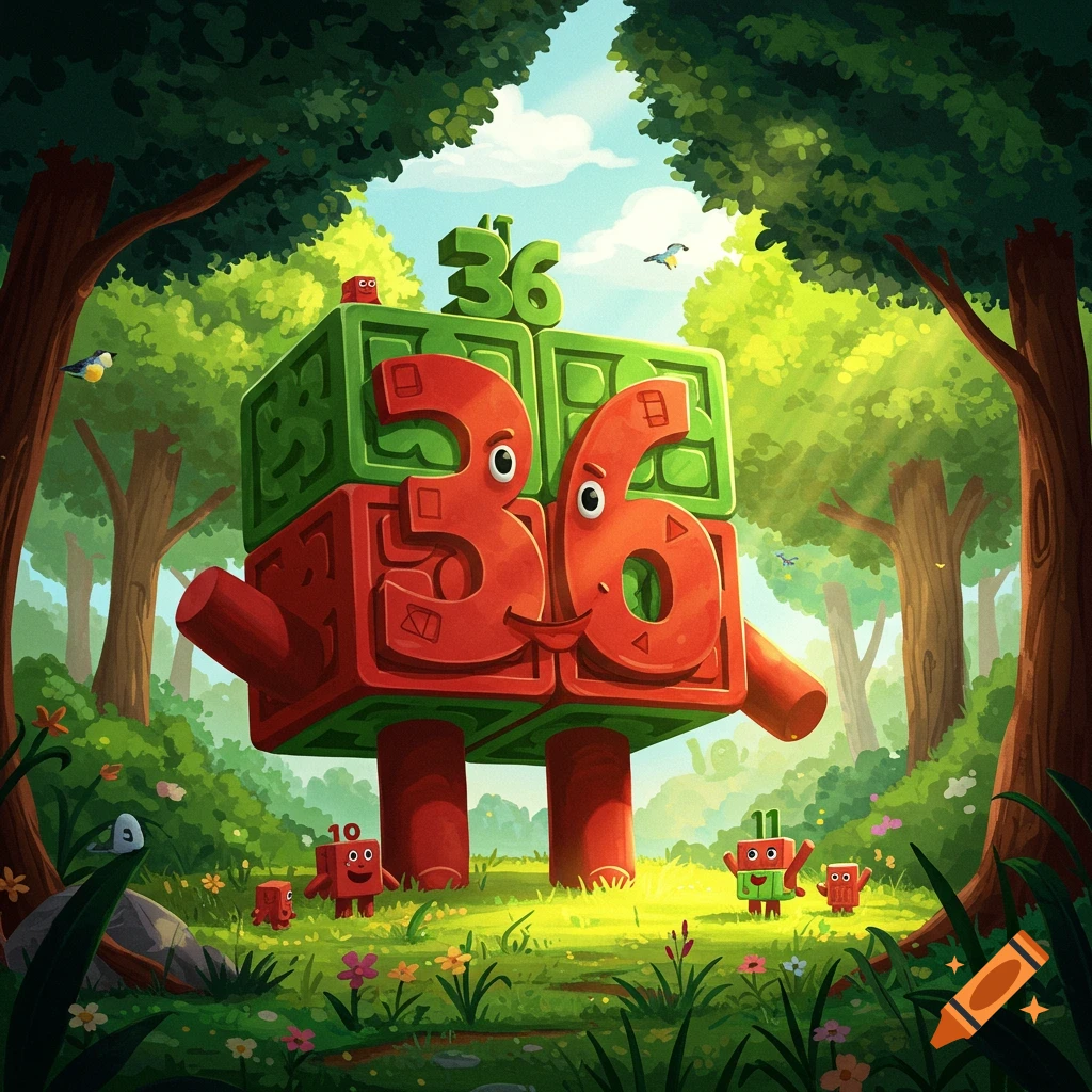 Cartoon Numberblock 36 character and smaller number friends in a lush, sunny forest.
