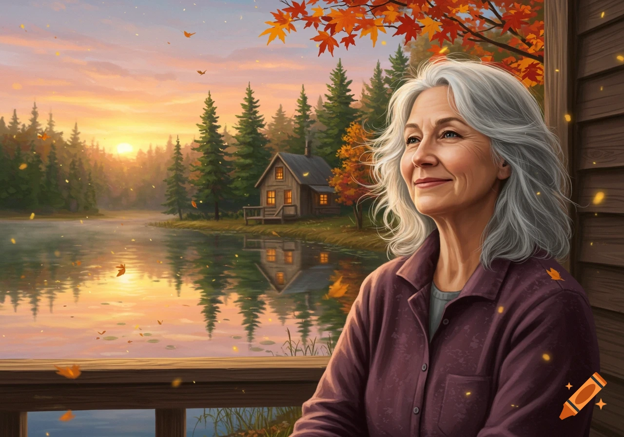 A smiling older woman with grey hair looks out over a tranquil lake with a cabin and forest during an autumn sunset.