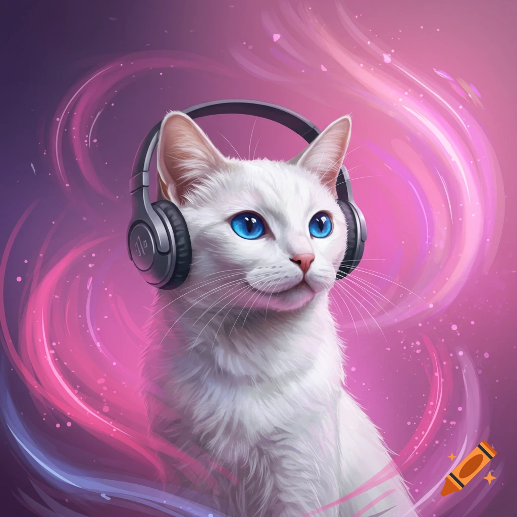 A white cat with bright blue eyes wears headphones against a vibrant pink and purple swirling background.