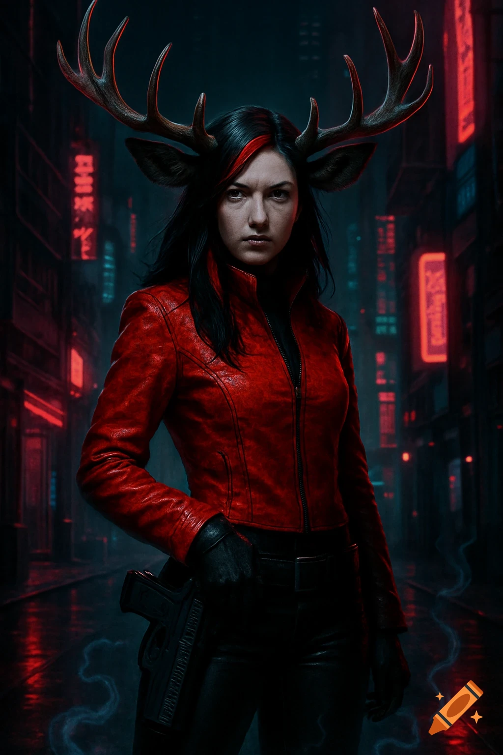A serious-looking woman with deer antlers and ears, wearing a red leather jacket, black pants, and holding a pistol, stands in a dark, neon-lit cyberpunk city.