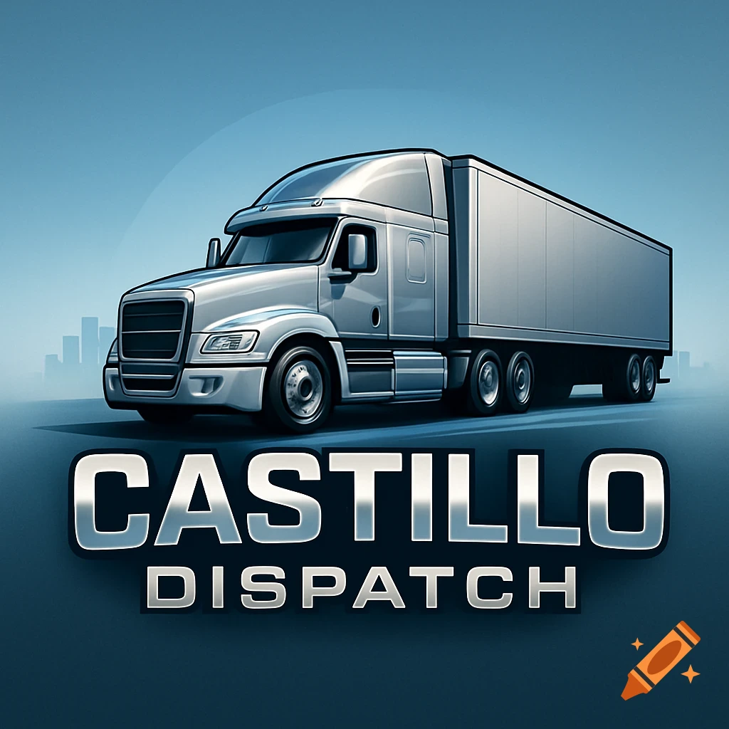 A silver semi-truck with 'CASTILLO DISPATCH' logo against a blue background with city silhouette, in an illustrated style.