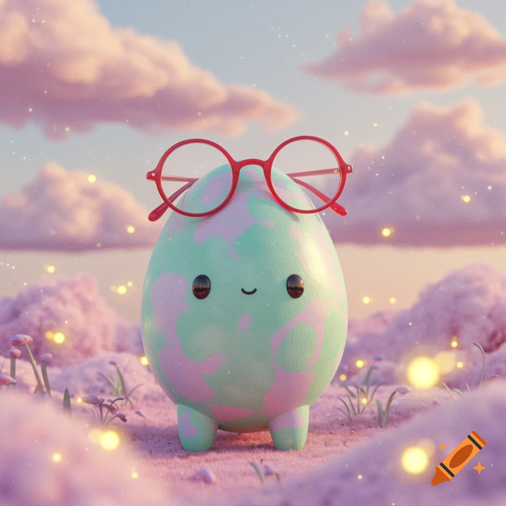A cute, pastel mint green egg-shaped creature with red round glasses stands in a whimsical pink landscape with clouds and glowing particles.