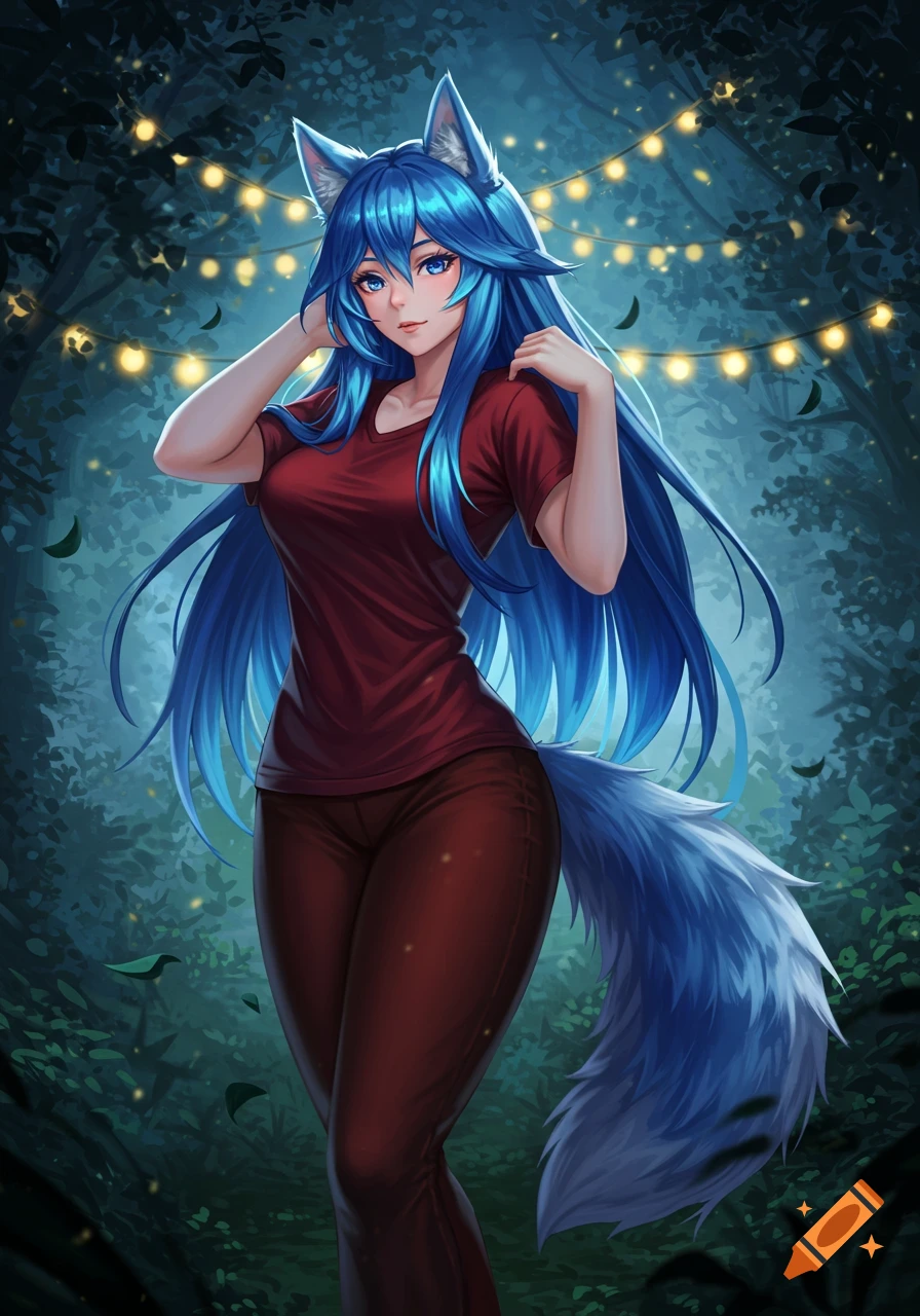 An anime wolf girl with blue hair, ears, and tail, in a red shirt and brown pants, standing in a magical forest with string lights.