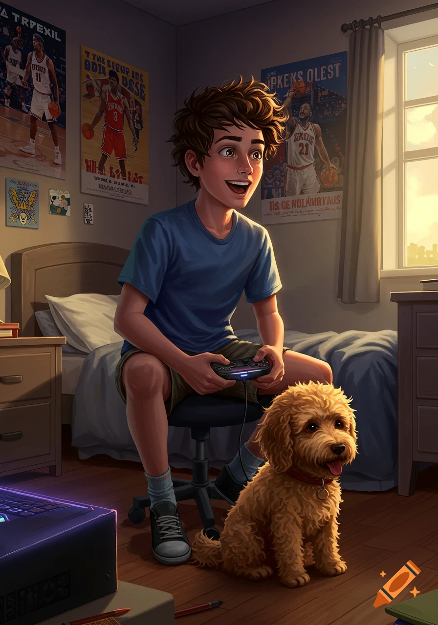 A cartoon illustration of a boy with brown curly hair playing video games in his bedroom while a golden doodle dog sits beside him.