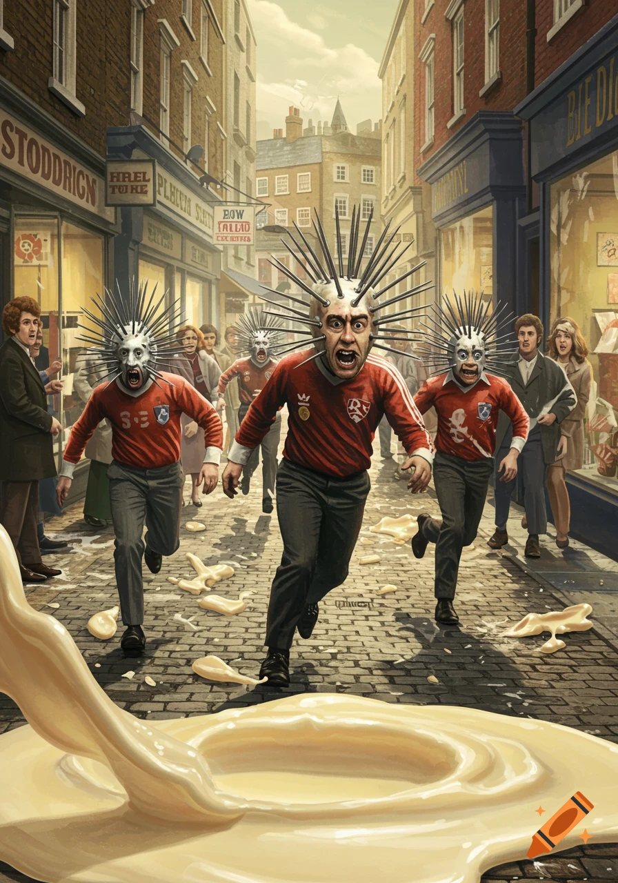 A group of men with spiked heads, wearing red football shirts, run down a narrow, old-fashioned street, splashing through puddles of rice pudding as shocked shoppers look on.
