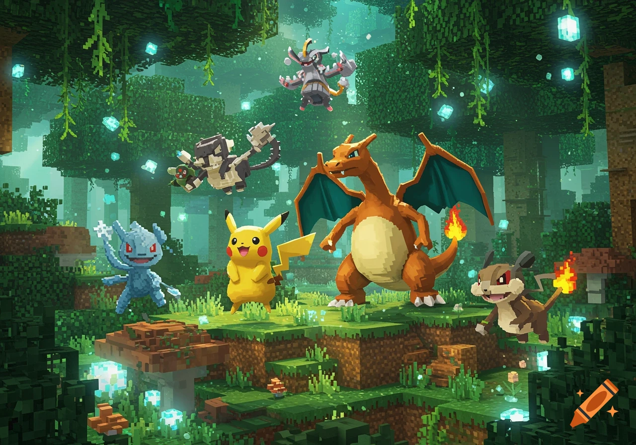 Pikachu, Charizard, and other Pokémon characters stand in a vibrant, blocky Minecraft-style magical forest with glowing blue cubes.