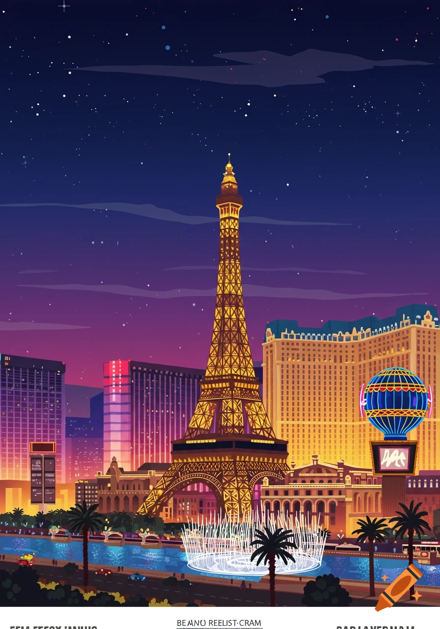 Vector illustration of a vibrant Las Vegas cityscape at night, featuring the illuminated Eiffel Tower replica, hotels, and a fountain under a star-filled sky.