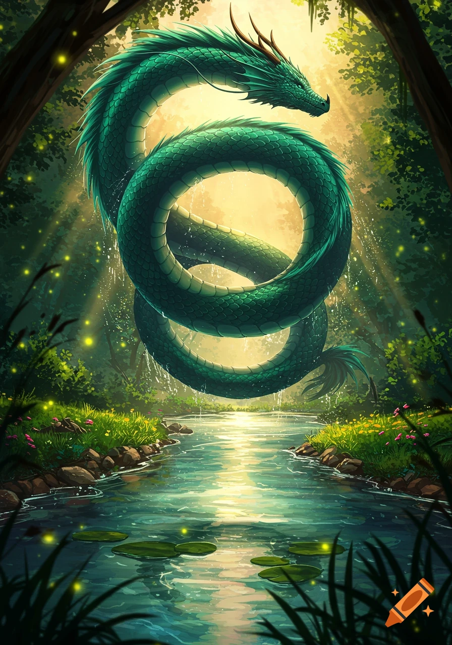A majestic green dragon hovers above a glowing river in a sun-dappled forest, surrounded by fireflies.