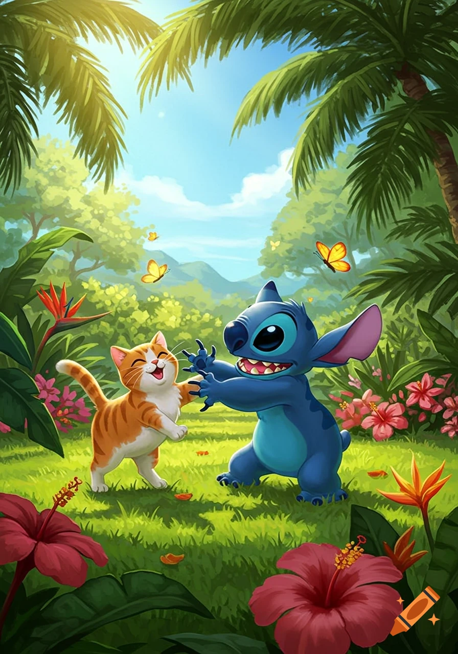 An illustration of Stitch playing with an orange and white cat in a vibrant jungle with palm trees and flowers.