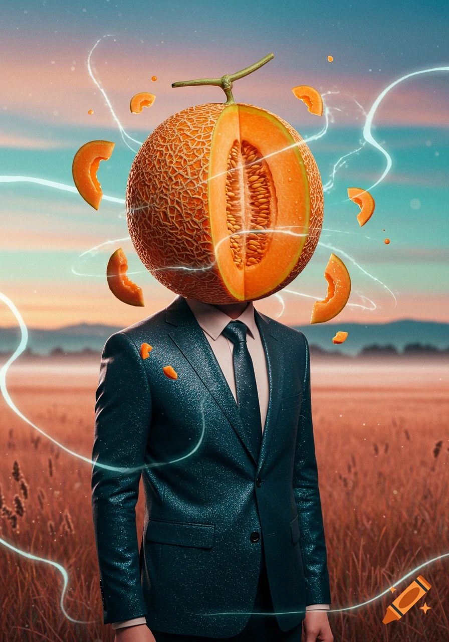 A person in a sparkling blue suit with a cantaloupe melon for a head, surrounded by floating melon slices and glowing lines in a field at sunset.