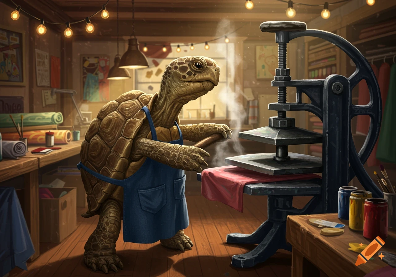 A detailed illustration of an anthropomorphic turtle wearing an apron, using a t-shirt press in a cozy workshop.