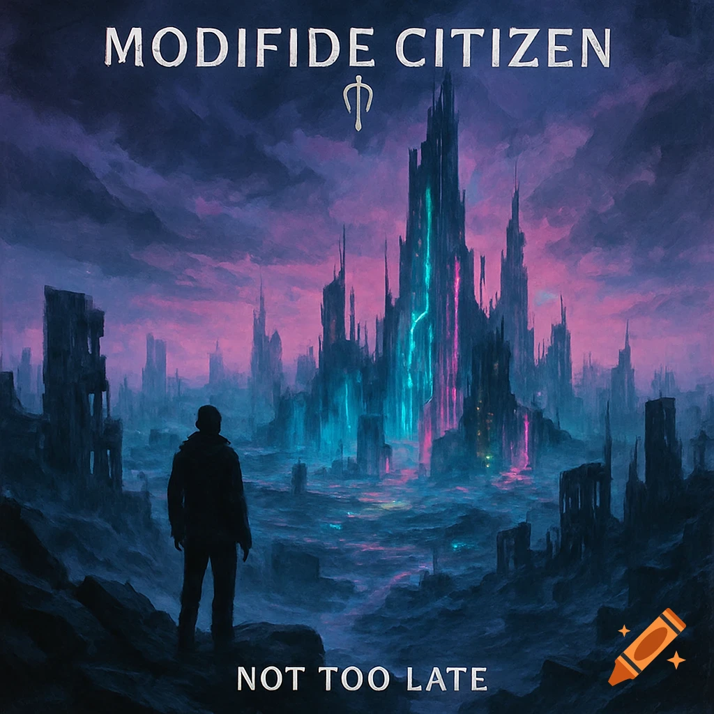 A silhouetted person stands on a rocky outcrop, looking out at a dark, glowing futuristic city under a purple and blue sky. Text reads "MODIFIDE CITIZEN" and "NOT TOO LATE".