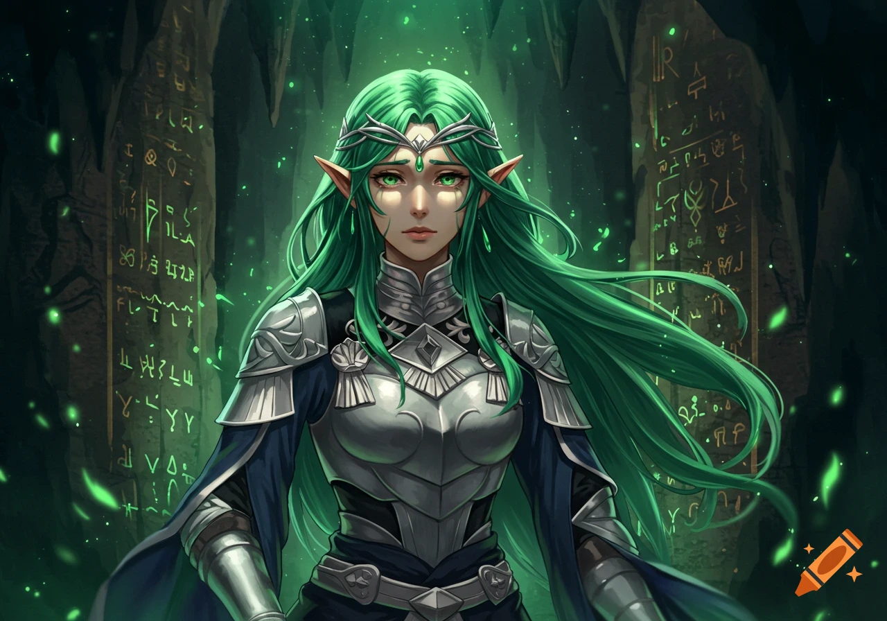 An anime-style fantasy woman with long green hair and silver armor stands in a glowing cavern with magical symbols.
