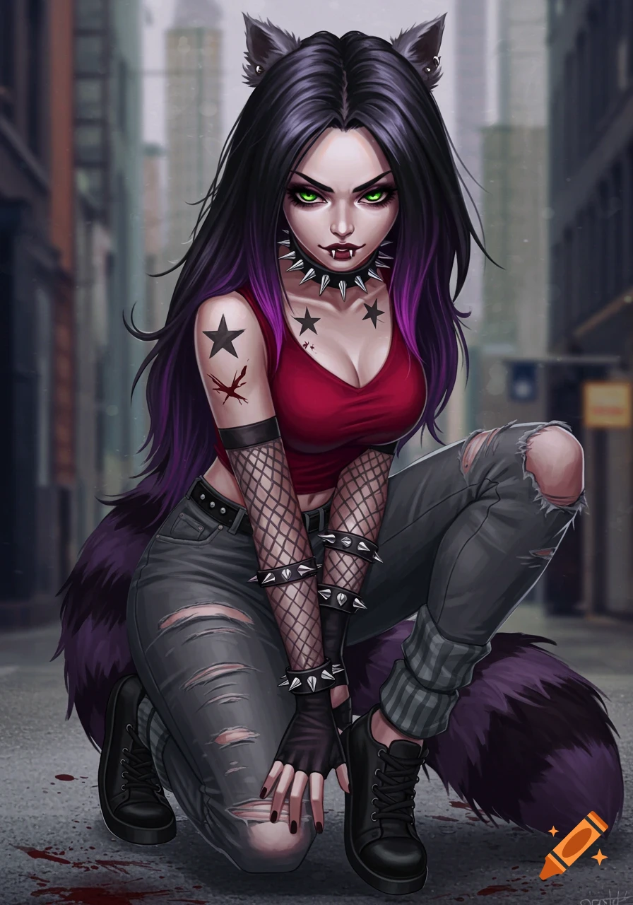 A stylized illustration of a goth-punk woman with green eyes, black and purple hair, animal ears, and a striped tail, crouching on a city street with blood on the ground. She wears a spiked collar, red top, fishnet sleeves, ripped jeans, and has star tattoos.