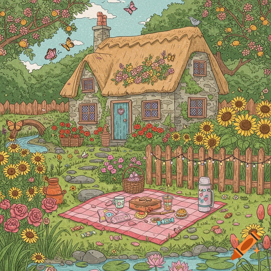 Whimsical cottagecore illustration of a thatched-roof cottage in a vibrant garden with flowers, butterflies, and a picnic blanket by a stream.