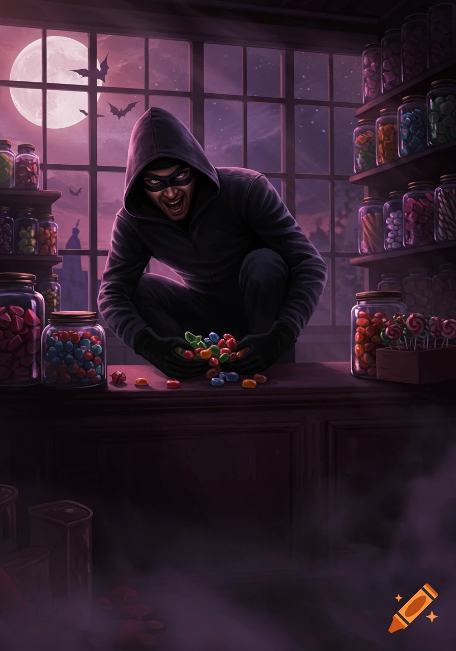 A masked burglar crouches over candy jars in a dimly lit candy store at night, with a full moon and bats visible outside.