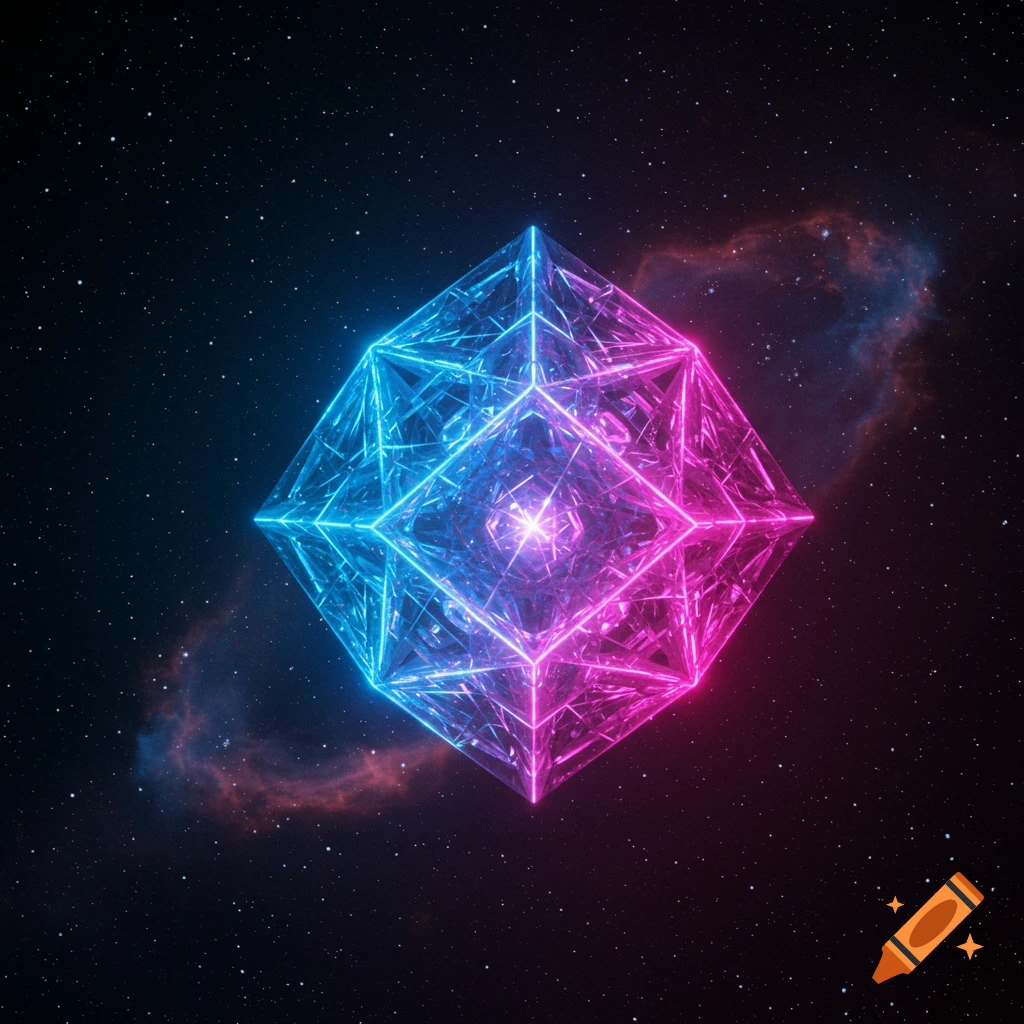 A glowing neon blue and pink geometric tesseract-like shape floats in the starry expanse of space with a nebula.