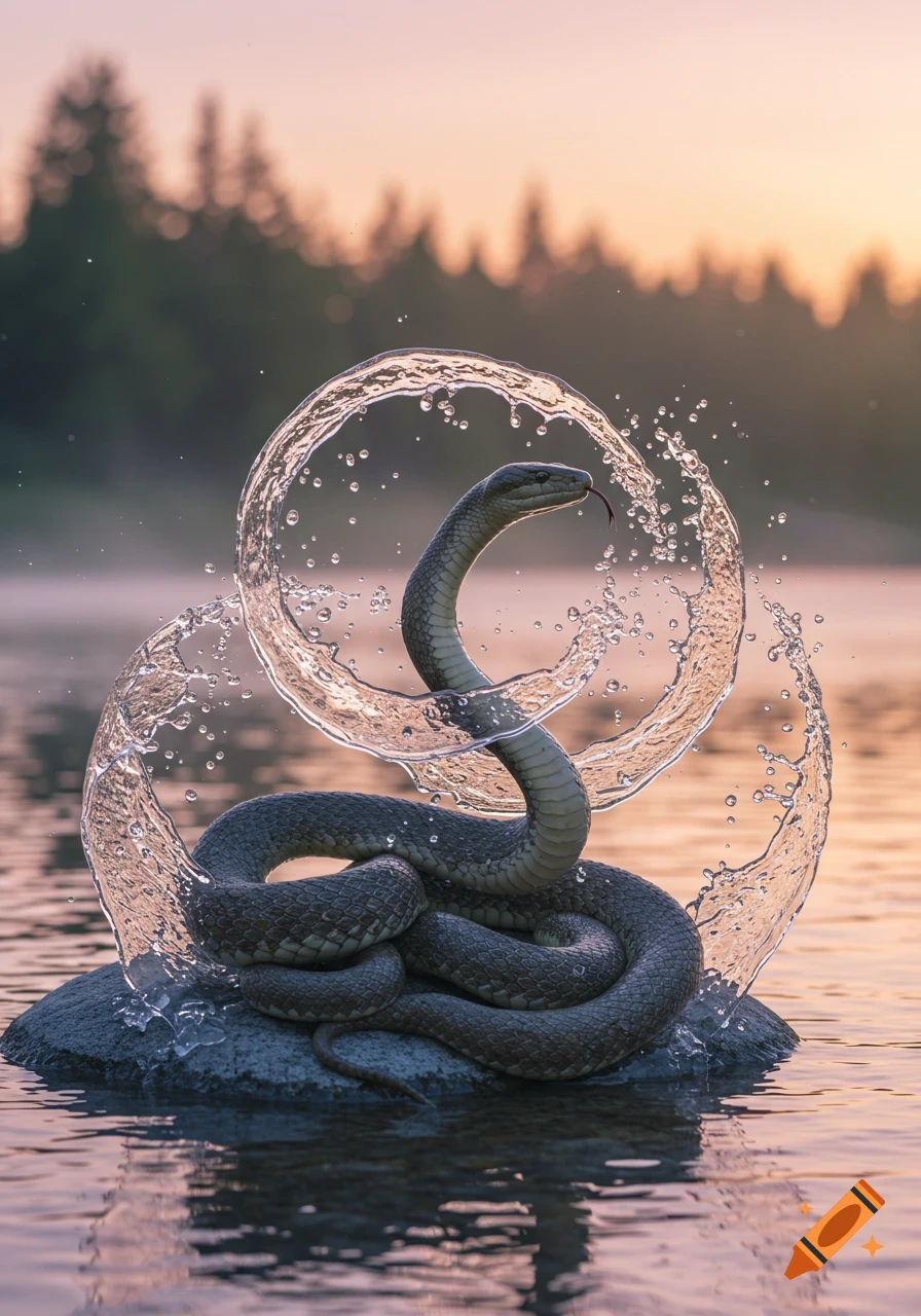 A green snake on a rock in water with dynamic water splashes resembling waterbending at sunset.