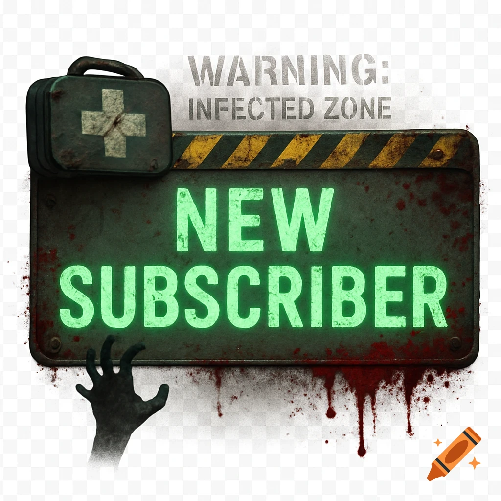 A glowing green 'NEW SUBSCRIBER' message on a bloody, weathered metal sign with a first aid kit, zombie hand, and 'WARNING: INFECTED ZONE' text.