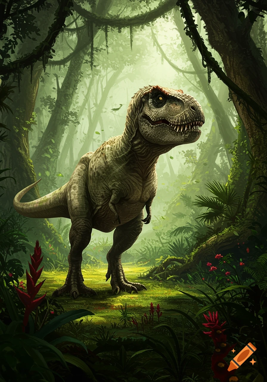 A Tyrannosaurus Rex stands in a lush, misty jungle with sunlight filtering through the canopy.