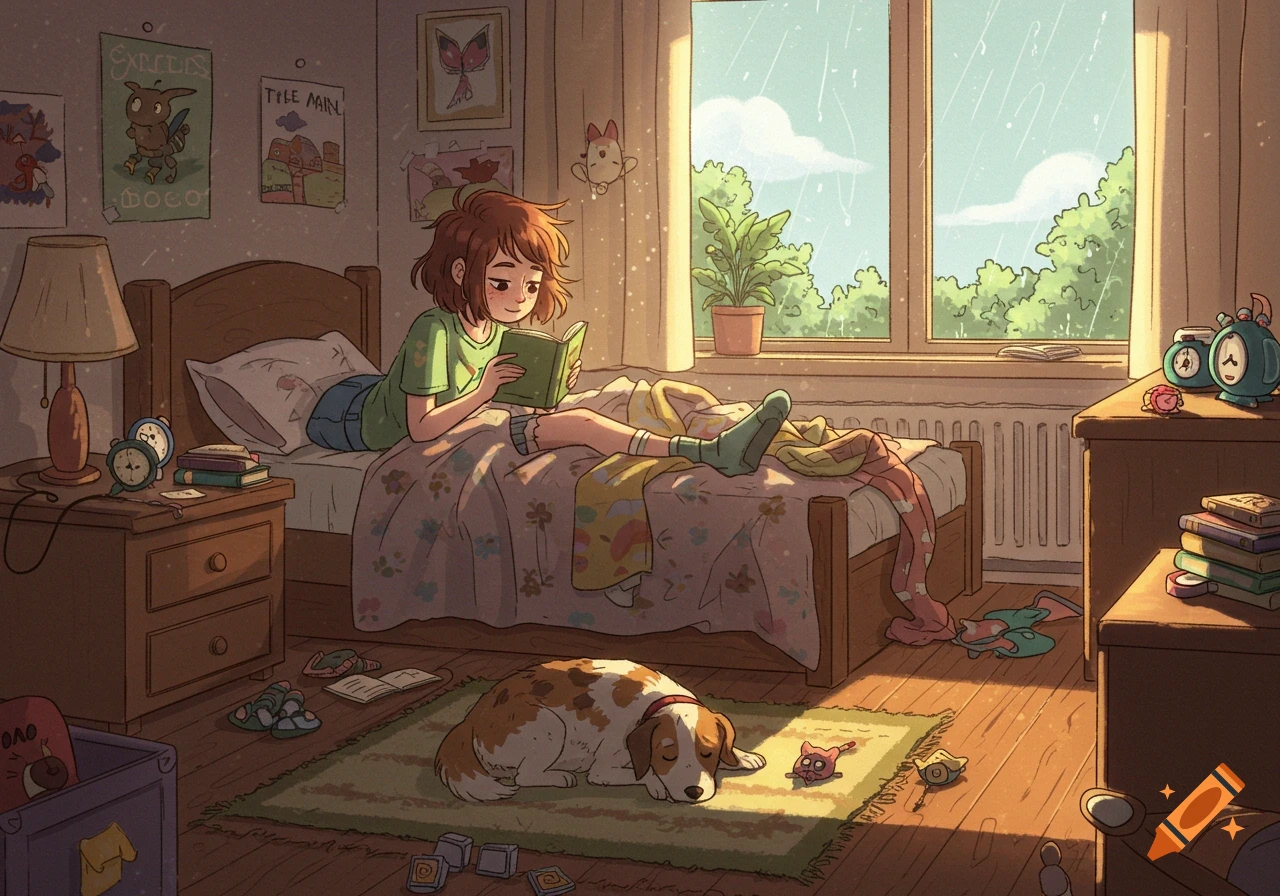 Cartoon drawing of a teenage girl reading on her bed with a sleeping dog on the floor in a cozy, rainy bedroom.