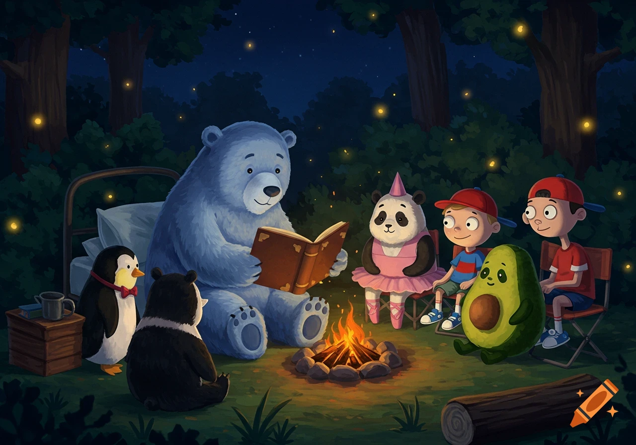A blue bear reads a story by a campfire to a panda in a tutu, a penguin, a black bear, two boys, and an avocado in a whimsical night forest.