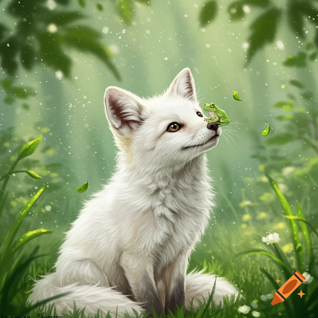 A cute white fox sitting in a lush green forest with a small green frog perched on its nose. The scene is bright and whimsical.