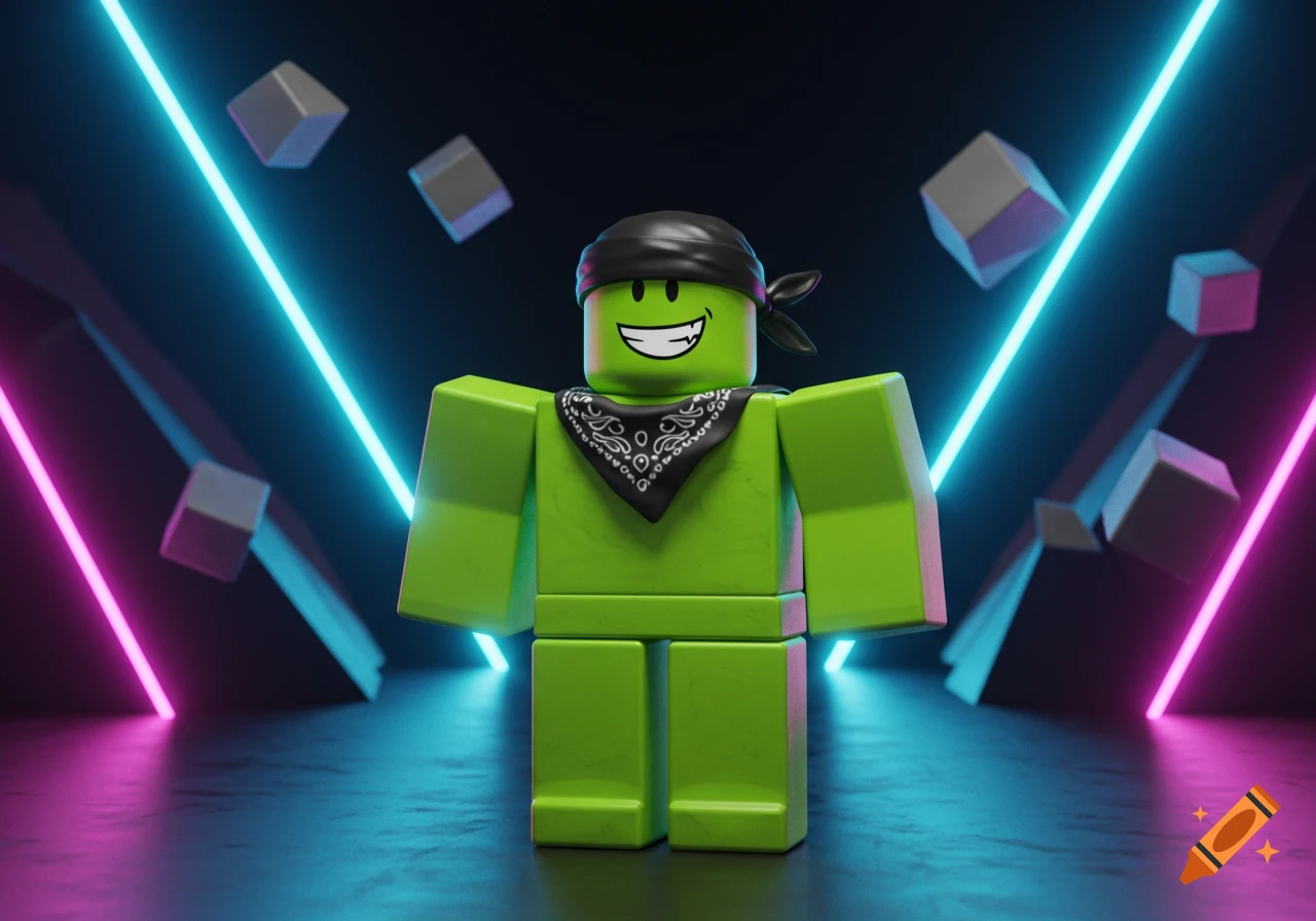 A lime green Roblox character with a black bandana and a smiling epic face stands in a dark room with neon pink and blue lights.