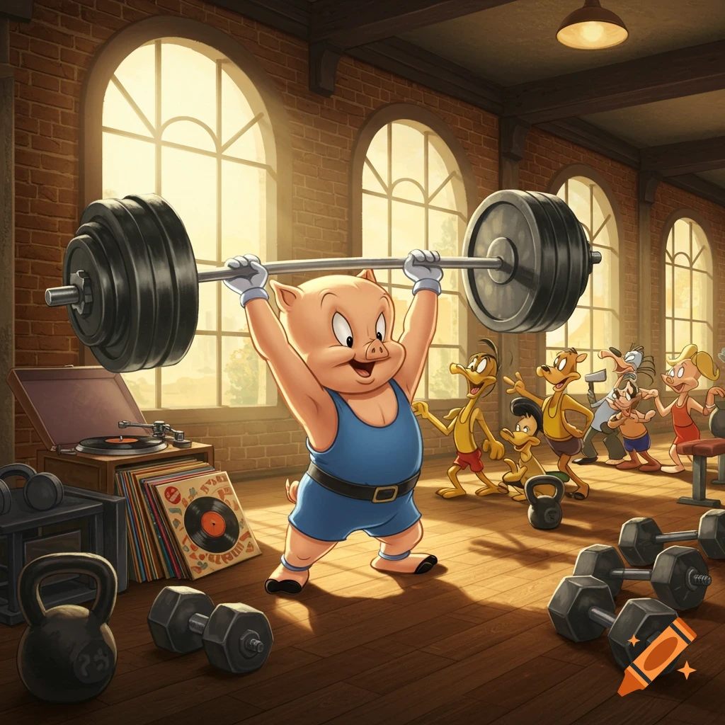 Porky Pig in a blue leotard lifts a heavy barbell over his head in a cartoon gym, surrounded by other cheering animal characters.