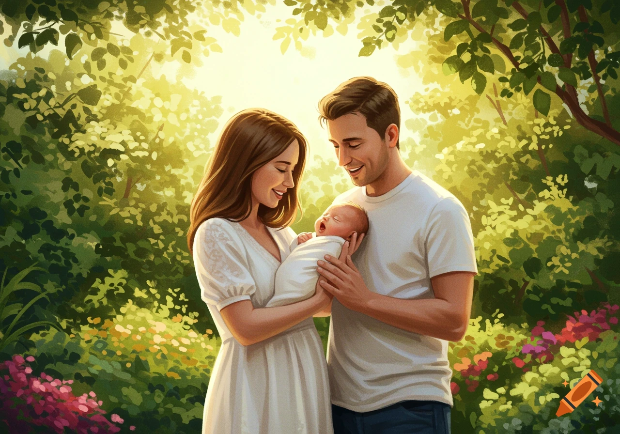A smiling couple, a man and a woman, holding a swaddled baby in a bright, lush green forest illustration.