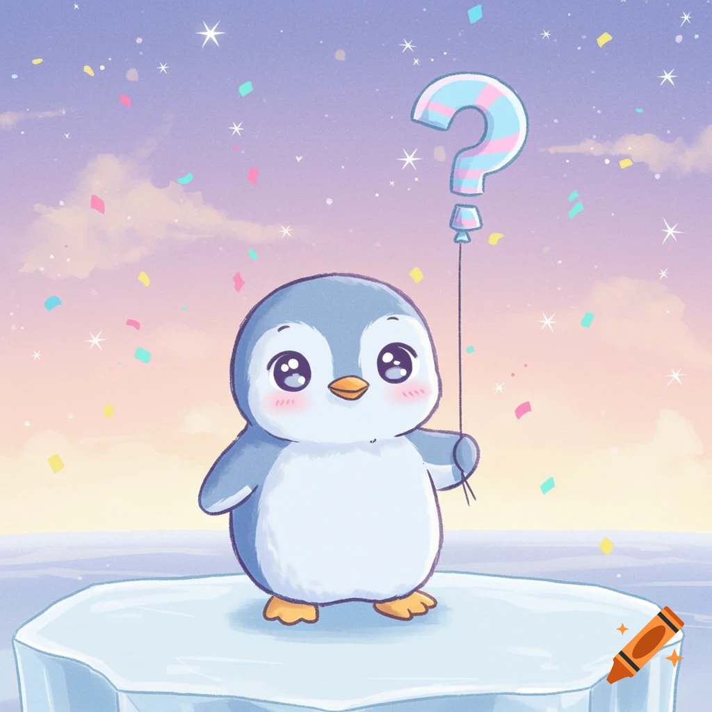 Cartoon kawaii penguin on an ice floe holding a pink and blue question mark balloon under a starry sky with confetti.