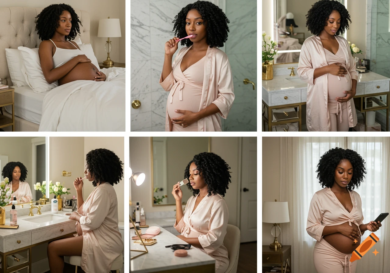 A photorealistic collage of six images showing a pregnant Black woman's morning routine, including waking up, hygiene, and getting ready.