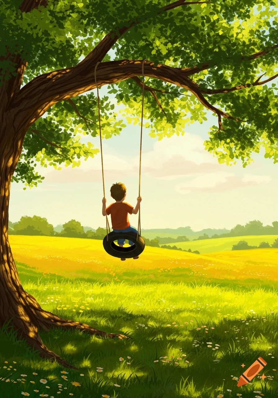 An illustration from behind of a boy on a tire swing hanging from a large tree, looking out over a vibrant green and yellow field under a bright sky.