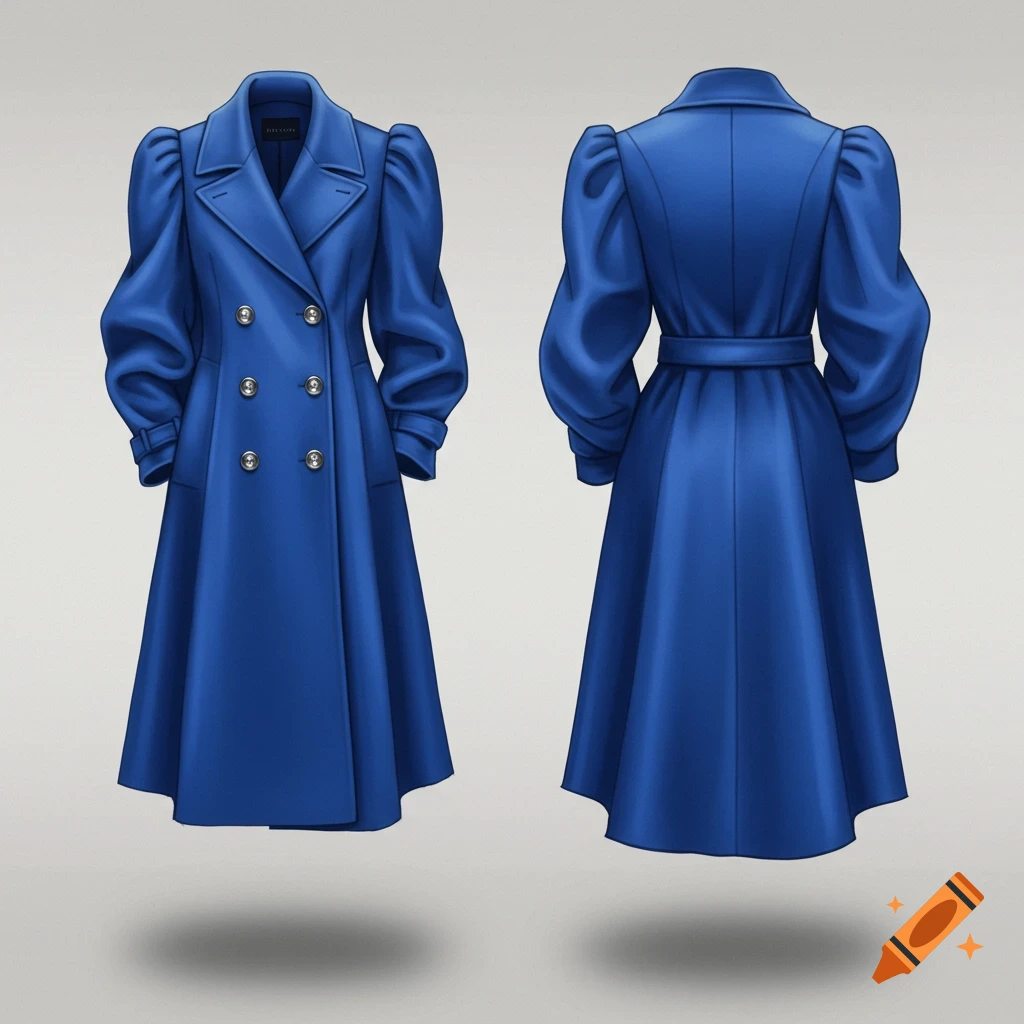 Front and back views of a royal blue pea coat with distinctive puffed sleeves, presented as a design illustration.