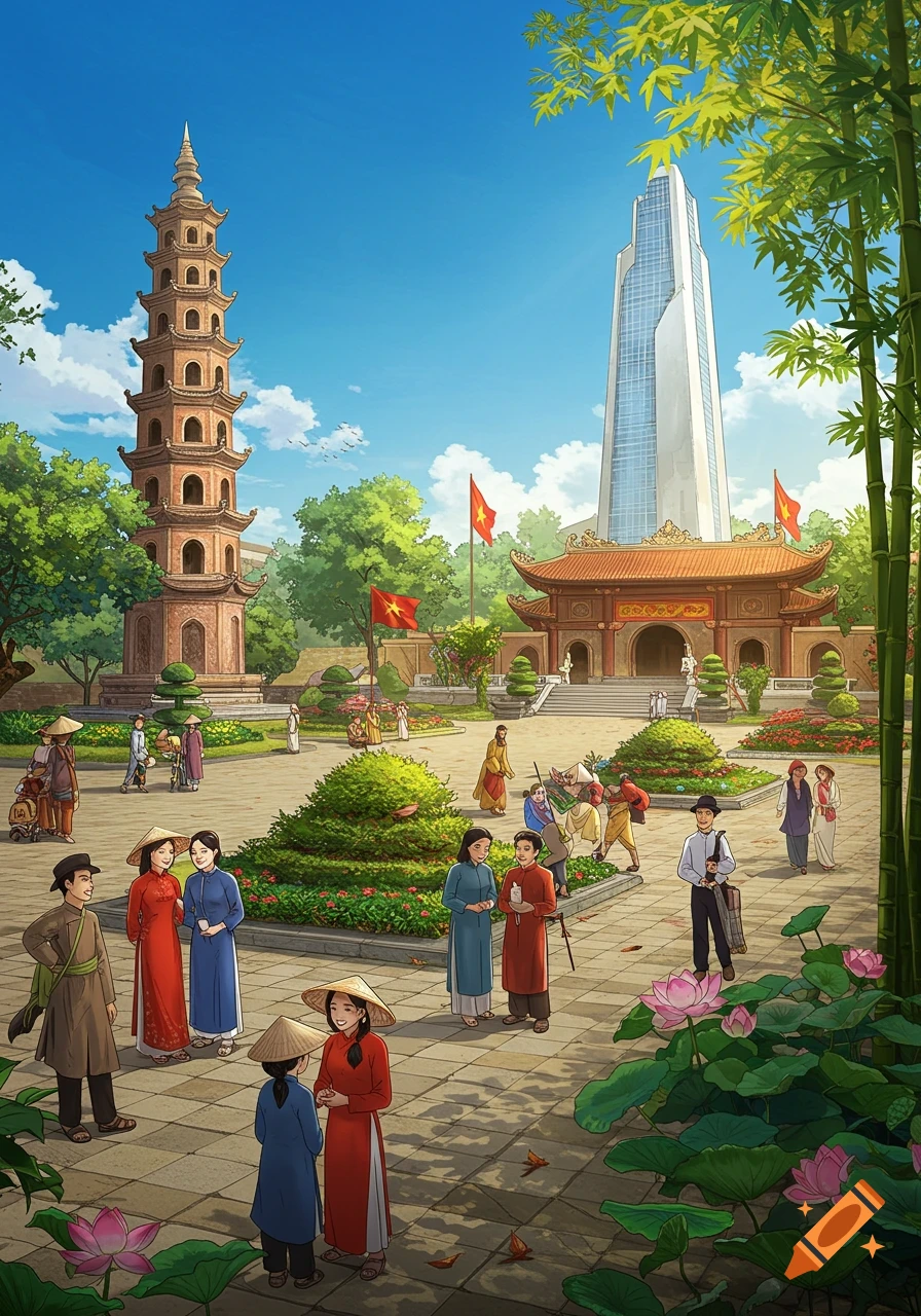 Illustrated scene of Vietnamese people in a sunny plaza with a historic pagoda, temple gate, and a modern skyscraper.