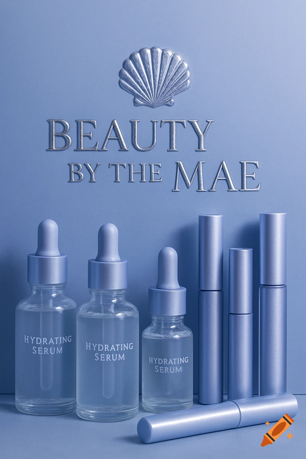 Skincare products including hydrating serums and metallic tubes, with a seashell logo and 'BEAUTY BY THE MAE' text on a periwinkle background.
