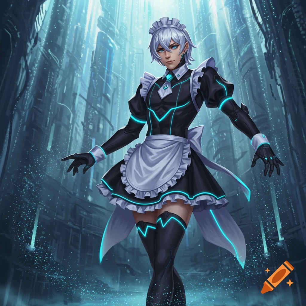 A futuristic male character with white hair and blue eyes, wearing a black maid outfit with glowing blue neon lines, stands in a cyberpunk city.