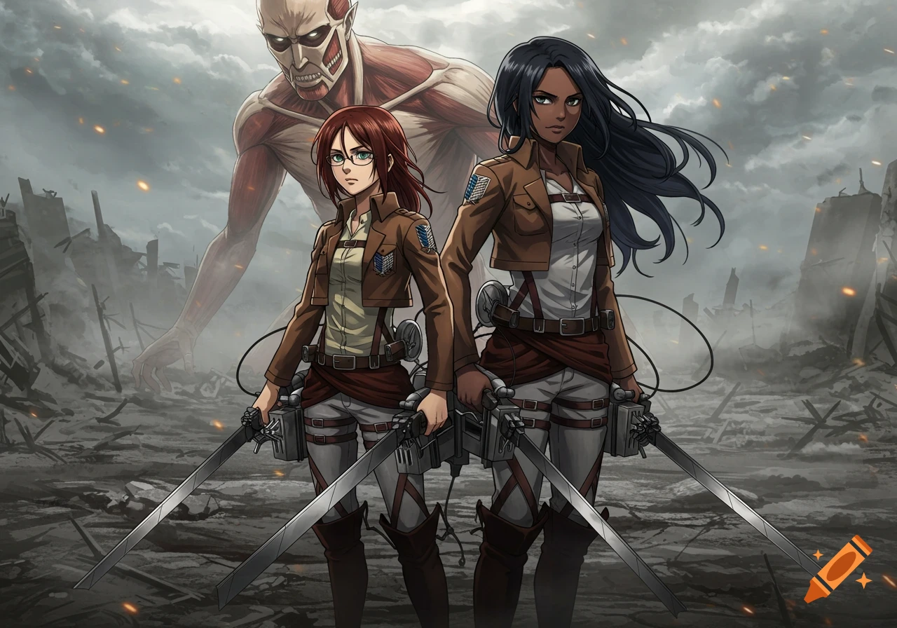 Two anime soldiers with swords stand before a large Titan in a ruined city.